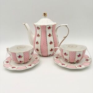 Grace Teaware Pink‎ Polka Dot Rose Floral Porcelain Teapot and 2 Cup Saucer Set